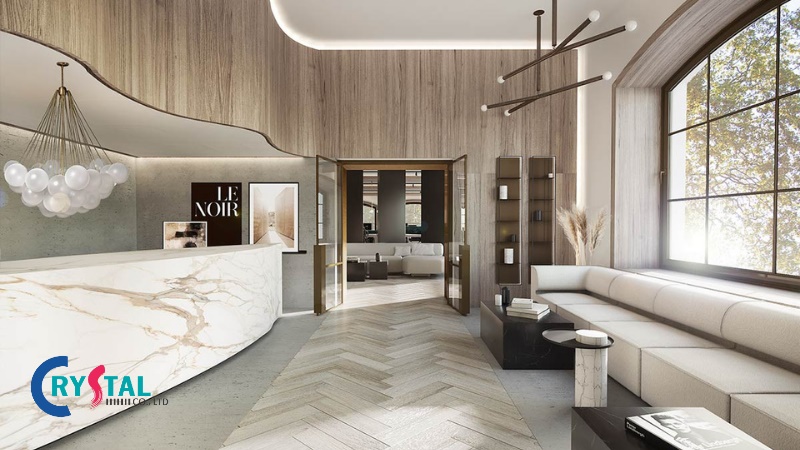 Mẫu văn phòng Luxury nổi bật với họa tiết đá và vân gỗ hài hòa