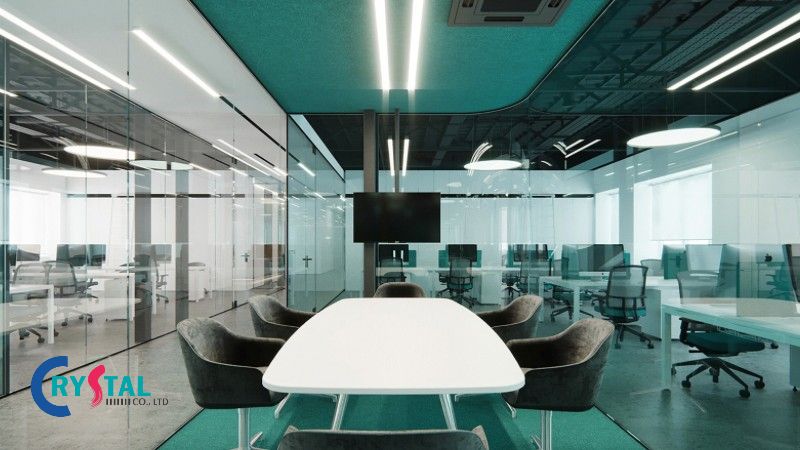 Thiết kế văn phòng mở tông màu xanh ngọc cho công ty công nghệ