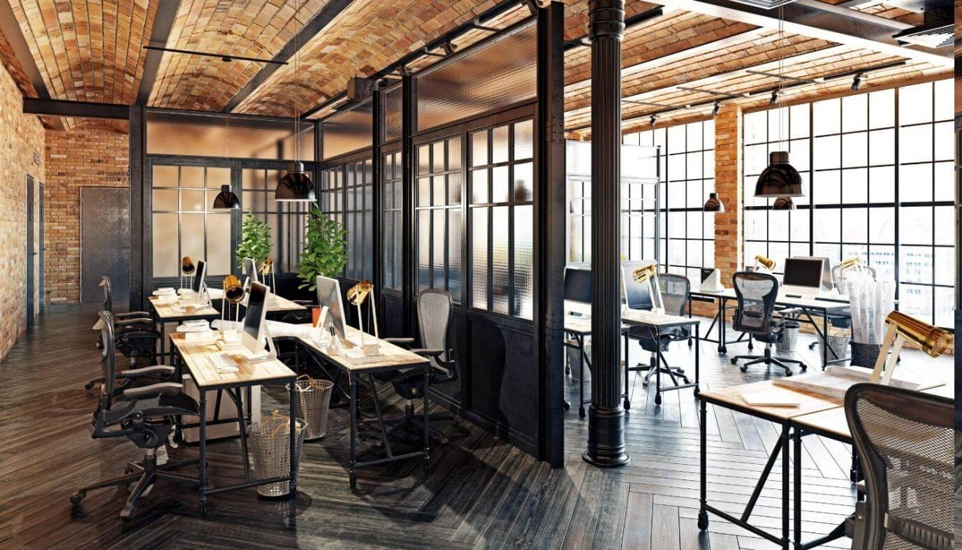 Mẫu thiết kế văn phòng phong cách industrial với không gian thông thoáng