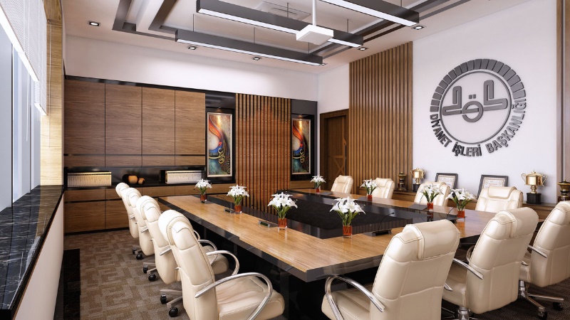 Phòng họp sử dụng chất liệu gỗ cùng hệ thống ánh sáng hiện đại